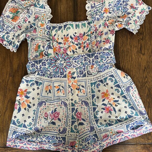 FARM Rio Romantic Bandanas Puff-Sleeve Belted Romper – Size L – NWOT - Picture 15 of 16